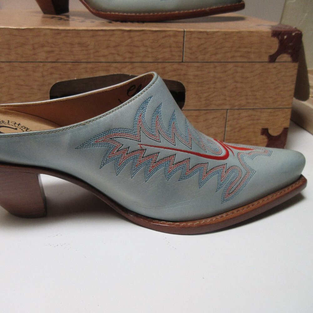 Lucchese Light Blue & Red Embroidered Leather Mules - Picture 8 of 11